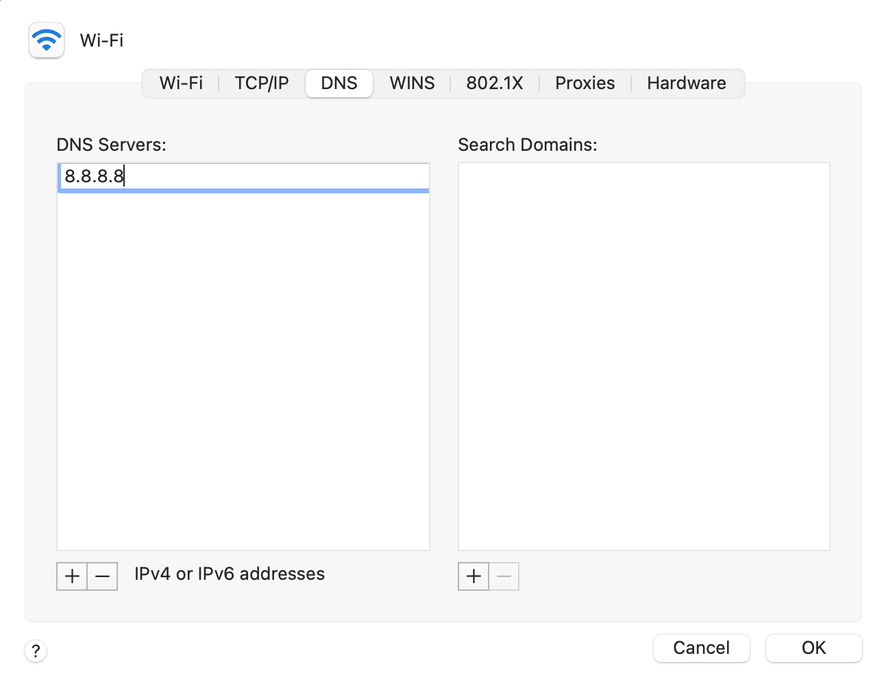 Ändring av standard-DNS till Googles offentliga DNS-server på Mac