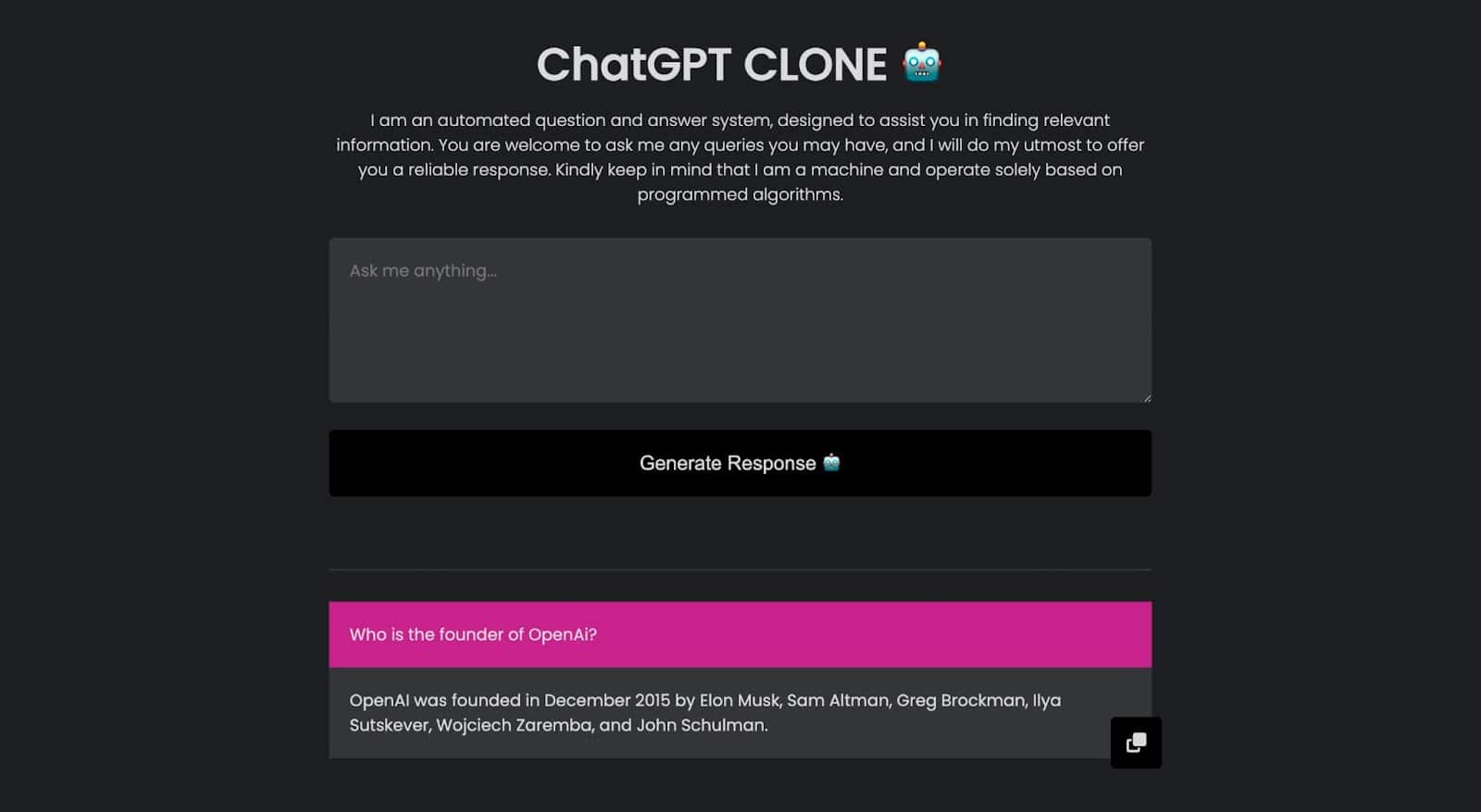 ChatGPT klon applikation