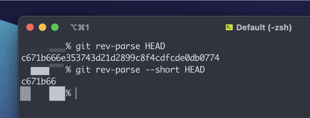 Mostrando las versiones corta y larga de un hash de referencia para una confirmación en Git.