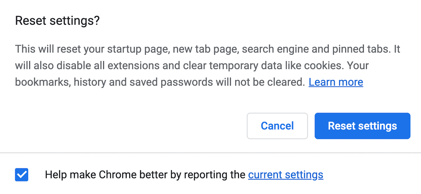 Confirmação da redefinição das configurações no Chrome.