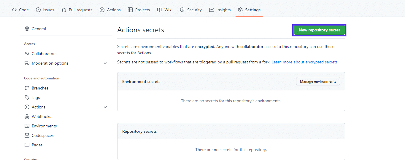 Schermata di GitHub, sezione Actions Secrets con il pulsante "New repository secret" evidenziato