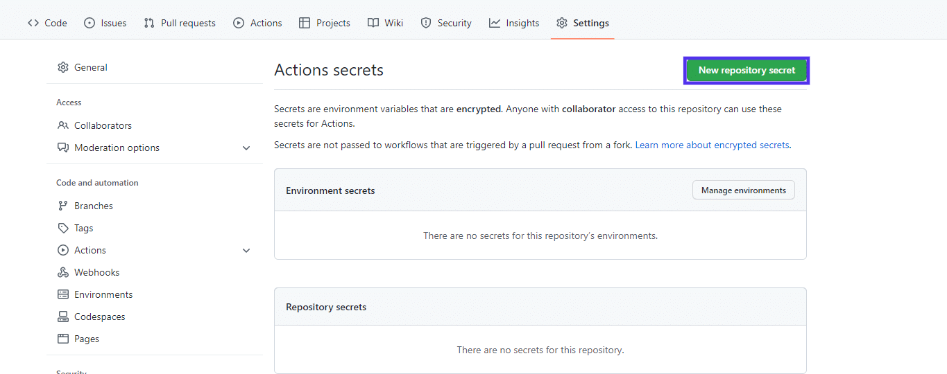 Create a new repository secret