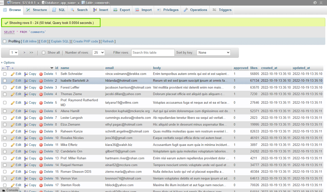 Schermata del database con 50 righe di dati