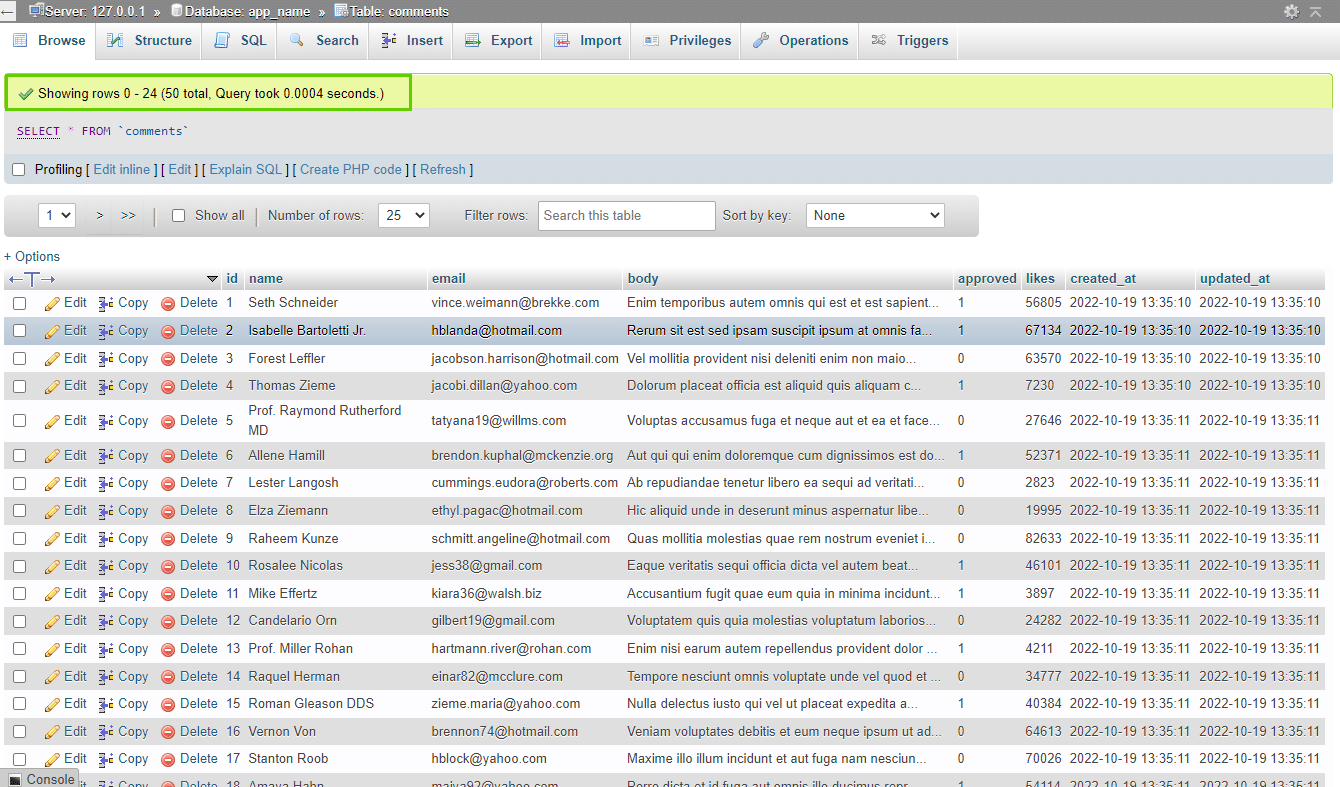 50 rijen gegevens in de database