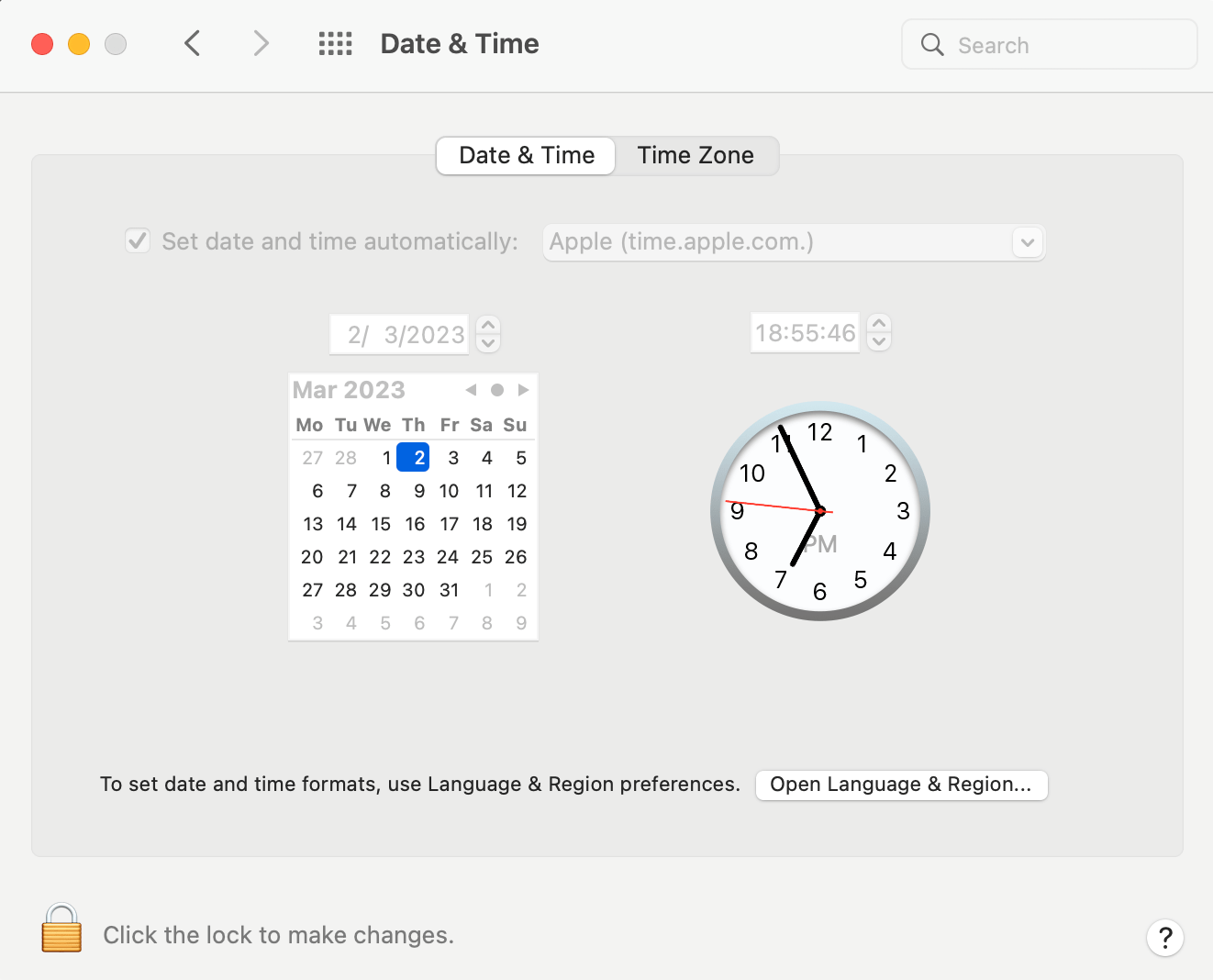 Date and time settings on a Mac device
