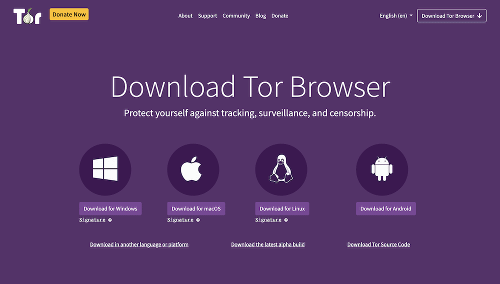 The Tor Browser download page in purple, showing a heading that reads, "Download Tor Browser," and different links for Windows, macOS, Linux, and Android versions of the browser. There is also a set of navigation links, and the Tor logo, along with a yellow "Donate Now" button.