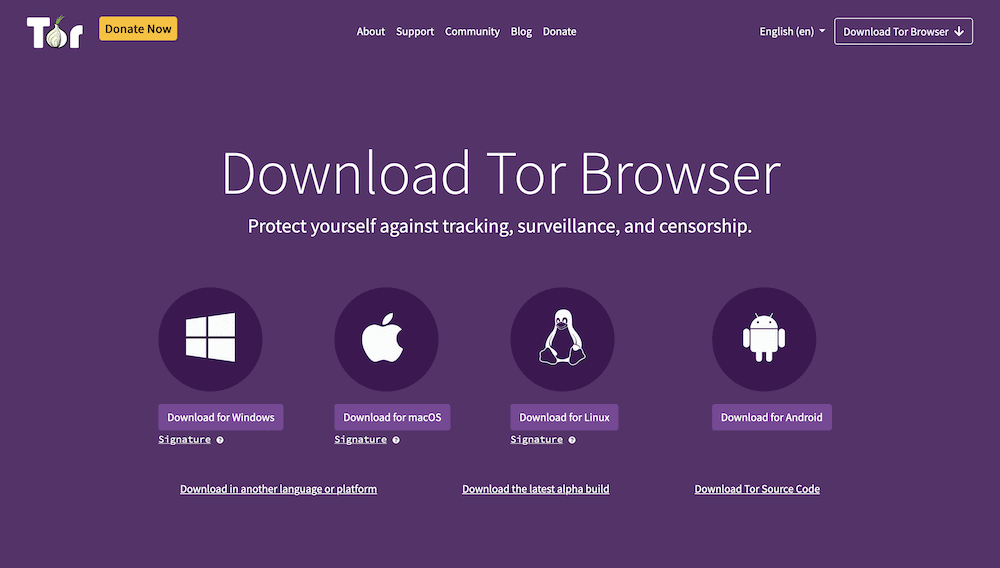 De Tor Browser downloadpagina in paars, met een kop die luidt, "Download Tor Browser," en verschillende links voor Windows, macOS, Linux en Android versies van de browser. Er is ook een reeks navigatie links, en het Tor logo, samen met een gele " Donate Now" knop.