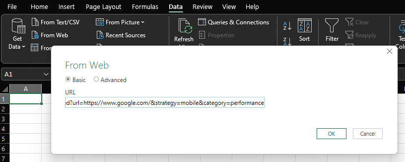 Schermata di Excel con in primo piano la finestra From Web per importare i dati