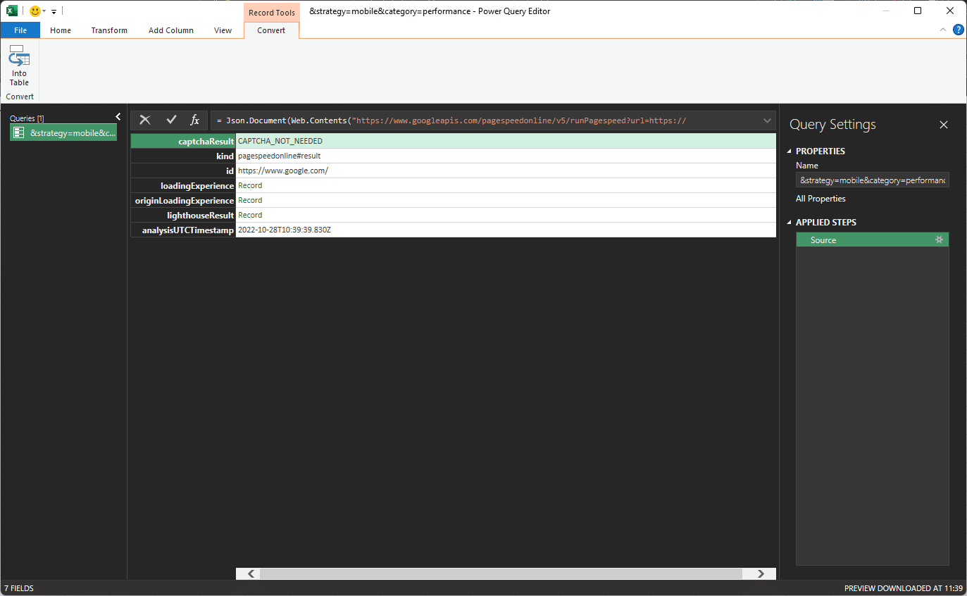 Ferramenta Excel Query Settings.