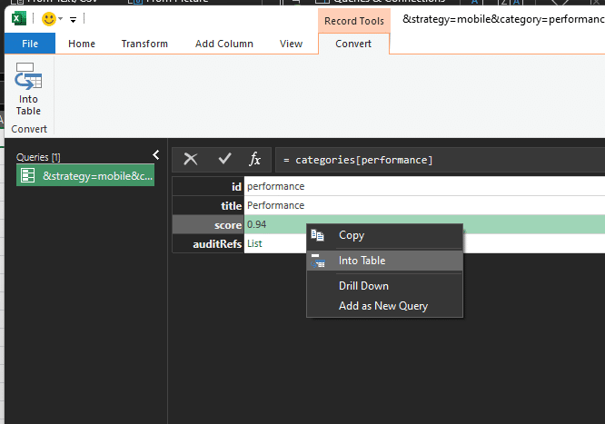 Schermata dello strumento Query Settings Tool con la finestra di menu da cui consultare le opzioni performance o categories