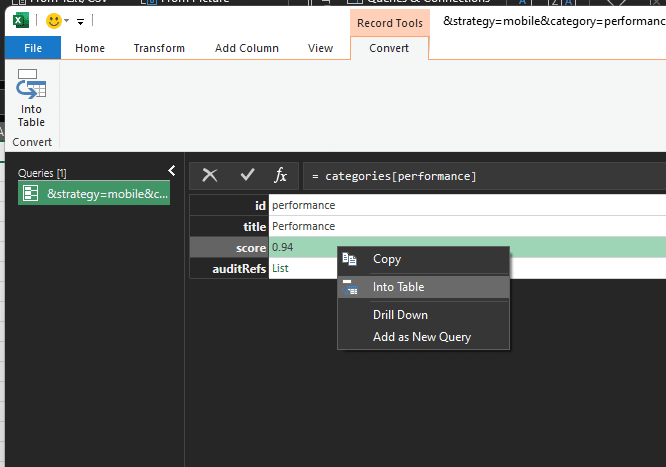 Exploration de l'objet JSON dans Excel