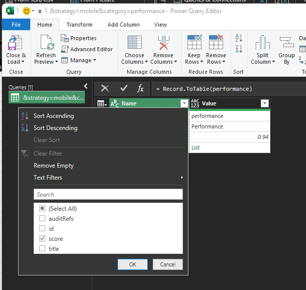 Tabella di Excel con il filtro dei dati importati