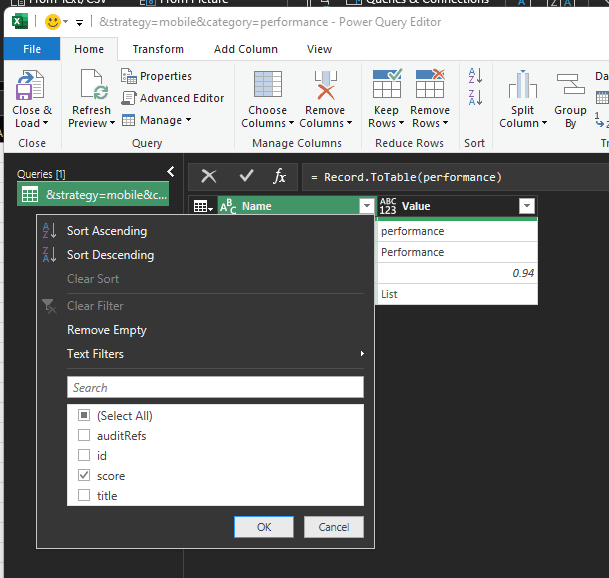 Filtrering av importerade tabeller i Excel