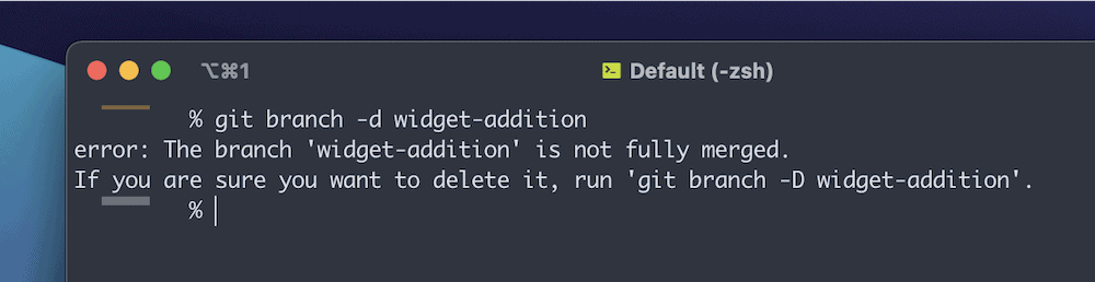 Essai de suppression d'une branche avec des modifications non fusionnées dans un dépôt Git.
