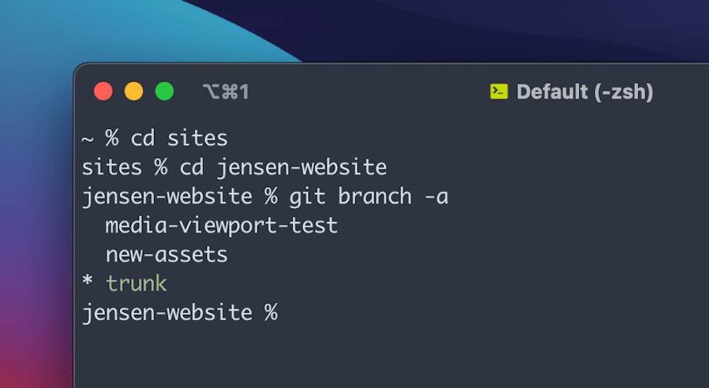 Een gedeeltelijk Terminal venster op een macOS gradiënt achtergrond, met een lijst van Git commando's voor een repo. De gebruiker is in de lokale site map gegaan, en heeft de branches binnen de repo opgesomd.
