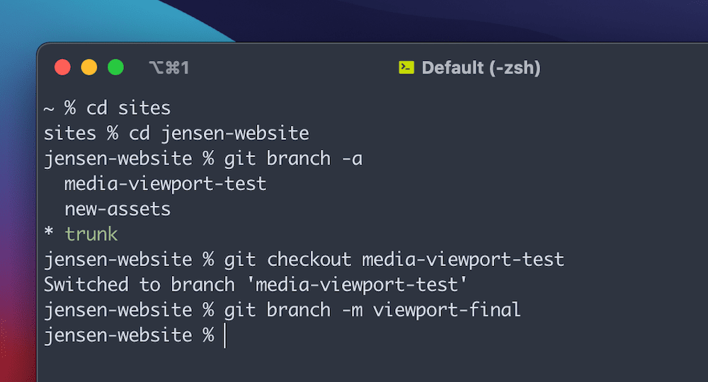 Et delvist terminalvindue på en macOS-gradientbaggrund. Brugeren navigerer til den lokale webstedsmappe, viser grenene i repoen, går ind i en gren og ændrer derefter dens navn ved hjælp af en kommando.