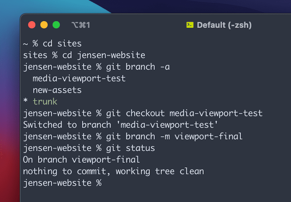 En delvis terminalskærm på en macOS-baggrund. Brugeren navigerer til en lokal webstedsmappe, går ind i en specifik branch, ændrer dens navn og kontrollerer derefter, at ændringen er anvendt ved hjælp af Git-kommandoer.