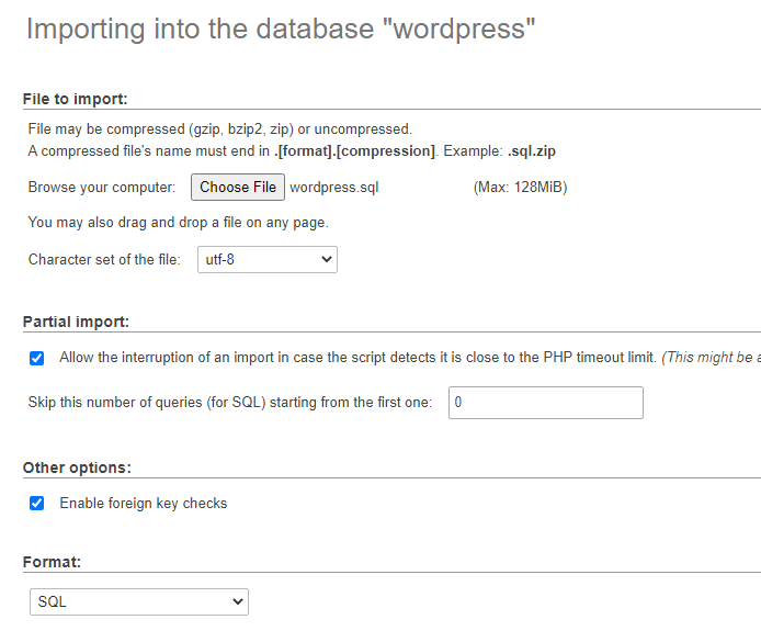 Importation de la base de données WordPress