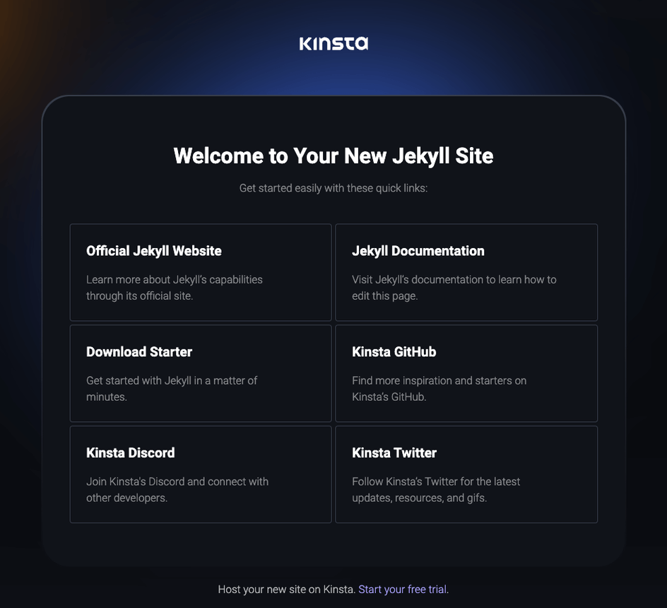 Kinsta's välkomstsida efter lyckad installation av Jekyll.