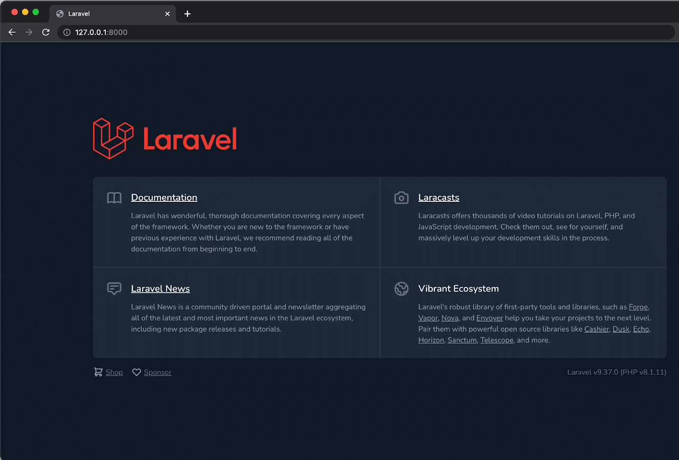 Schermata del sito di Laravel con la pagina di bevenuto