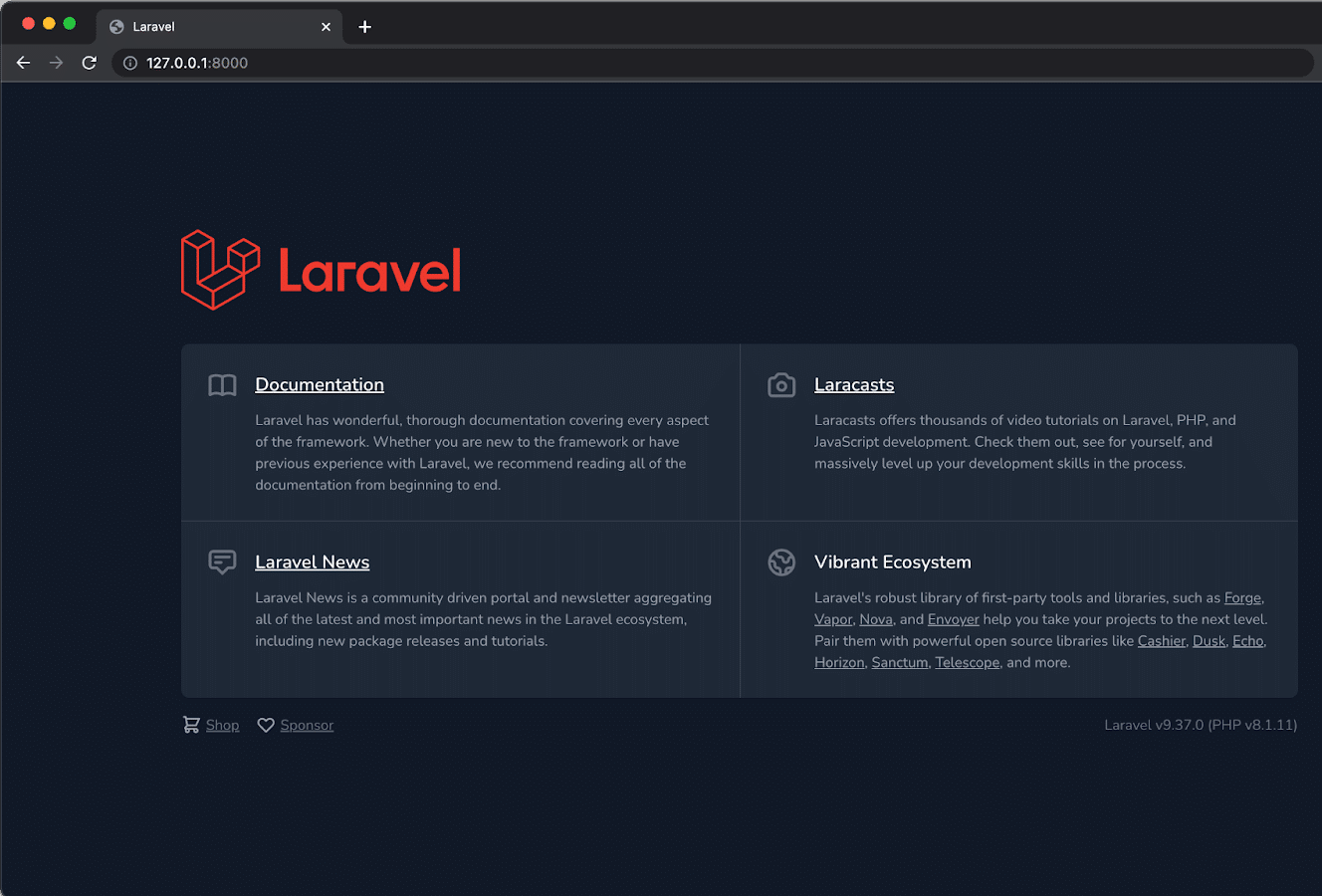 Welkomstpagina van de Laravel applicatie