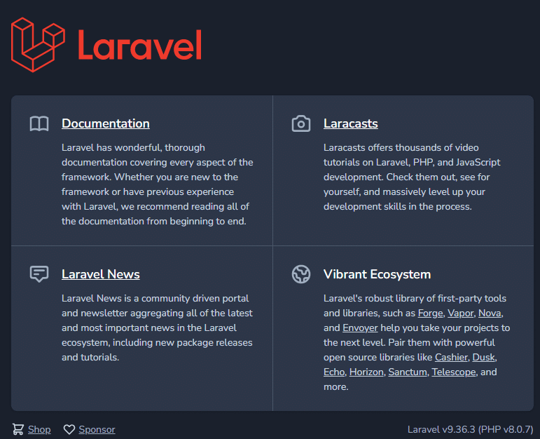 La página de inicio del sitio web de Laravel