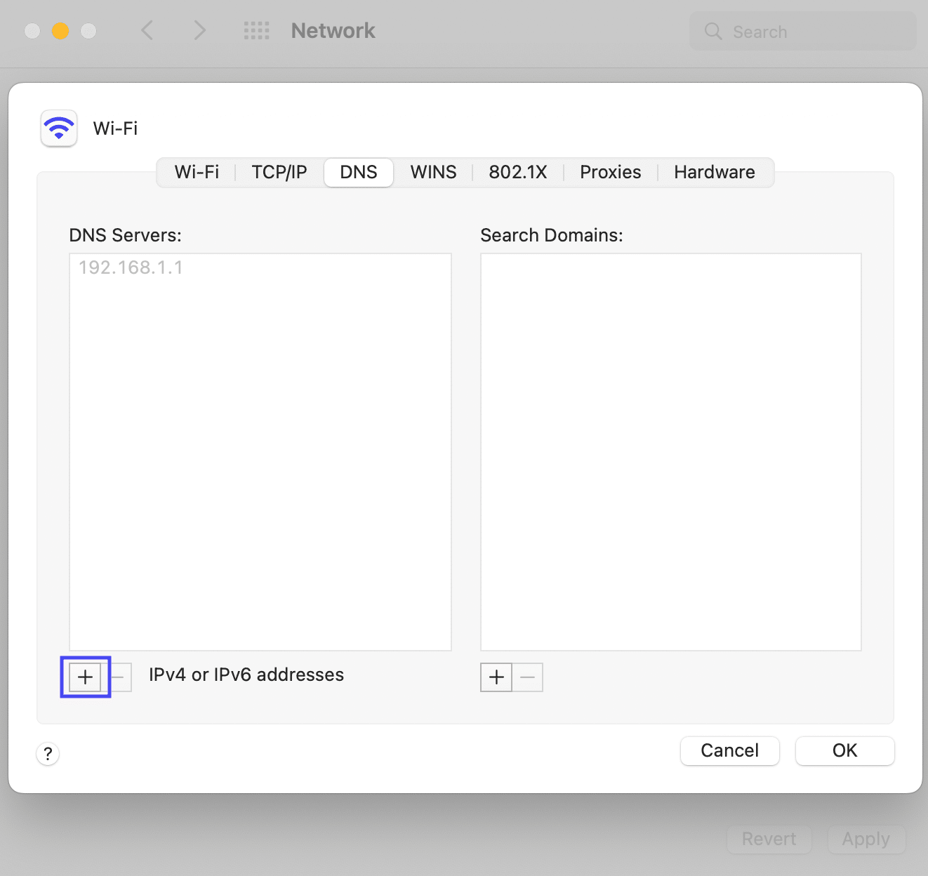 Default DNS server addresses in Mac settings