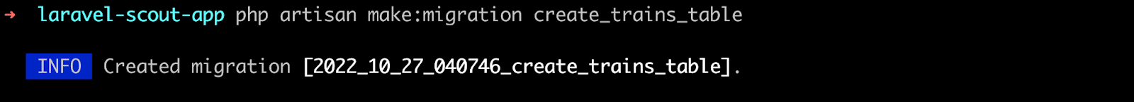 Schermata dell’editor con il codice per creare una migrazione denominata create_trains_table