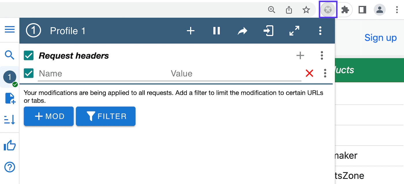 Configuração Request headers do ModHeader.