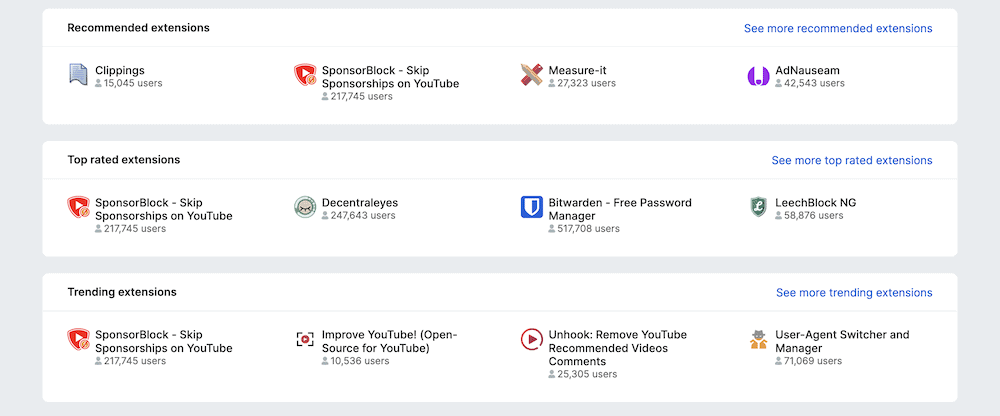 Der Bildschirm der Mozilla-Erweiterungsbibliothek zeigt eine Sammlung von verschiedenen Erweiterungen, die du für den Tor-Browser installieren kannst. Jede hat ein Symbol und eine Benutzerzahl und ist in verschiedene Kategorien unterteilt.