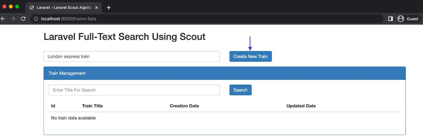 Visualizzazione su Laravel Scout Algolia del campo per inserire un nuovo treno