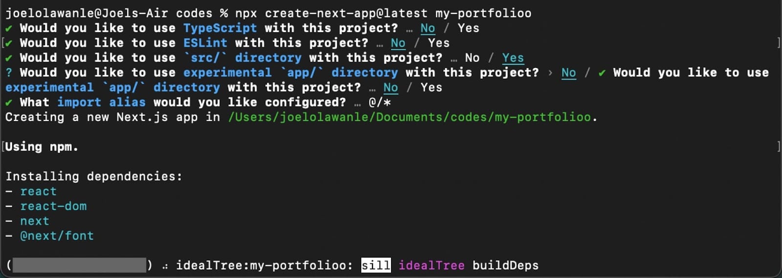 Der Code zeigt ein neues next.js-Projekt.