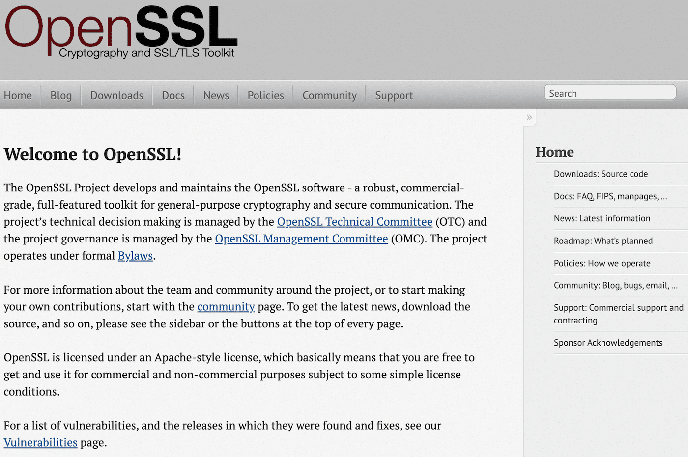 La home page del sito di OpenSSL