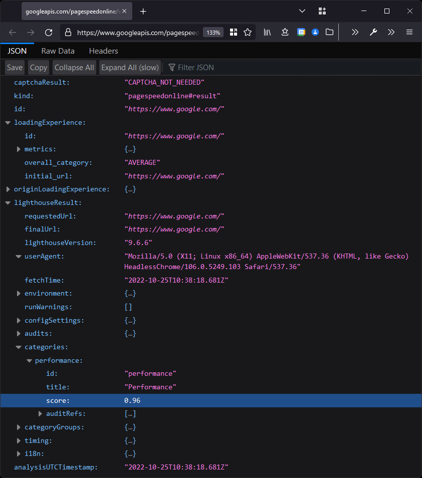 PageSpeed Insights API result JSON (Firefox)