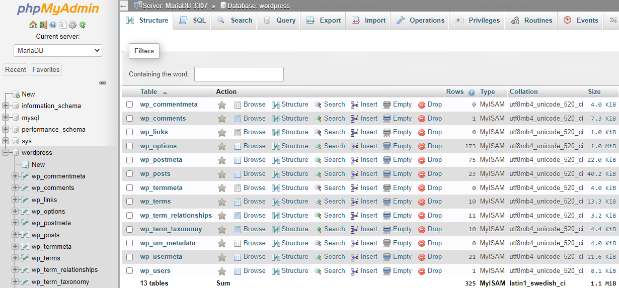 Strumento di gestione phpMyAdmin