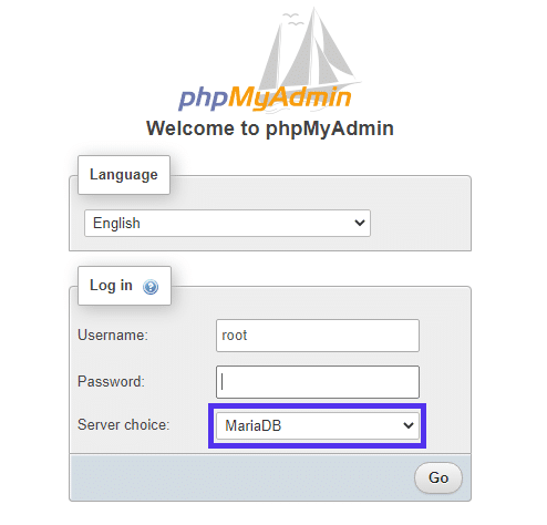 Pagina di login a phpMyAdmin per il server MariaDB