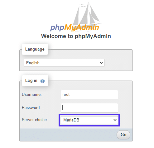 MariaDBサーバーのphpMyAdminのログインページ