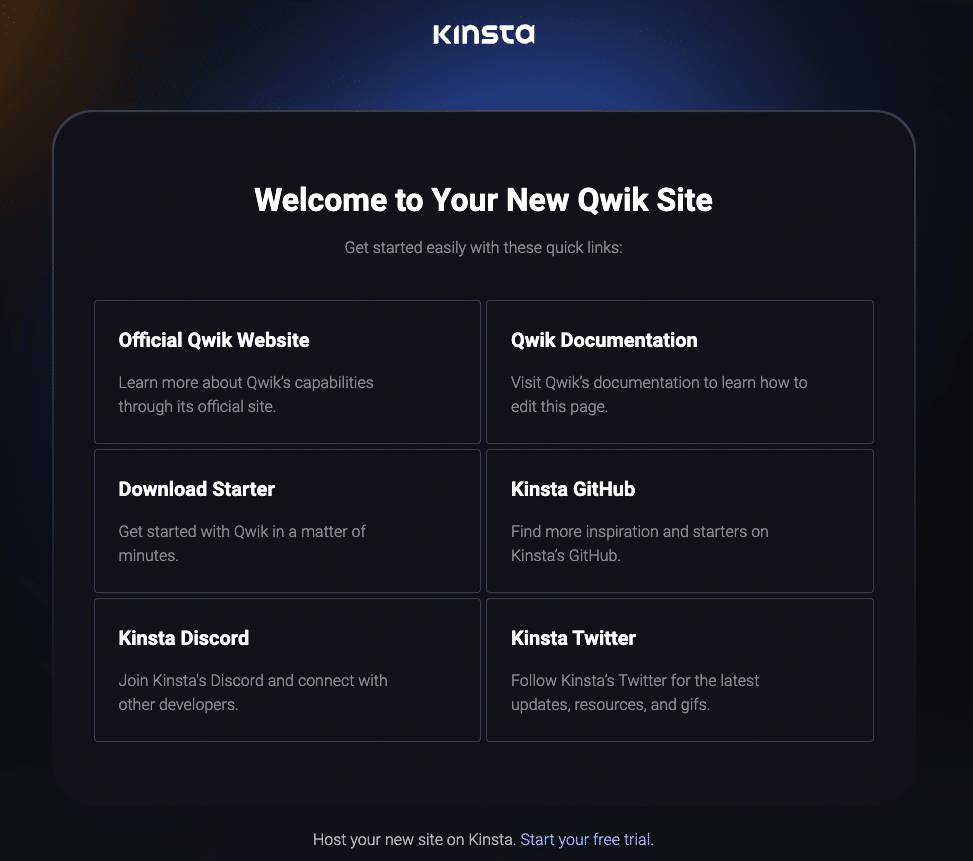 Page d'accueil de Kinsta après l'installation réussie de Qwik.