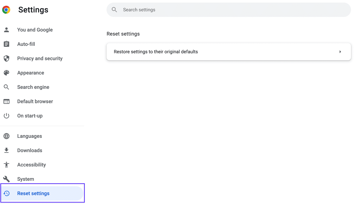 Reset settings in Google Chrome