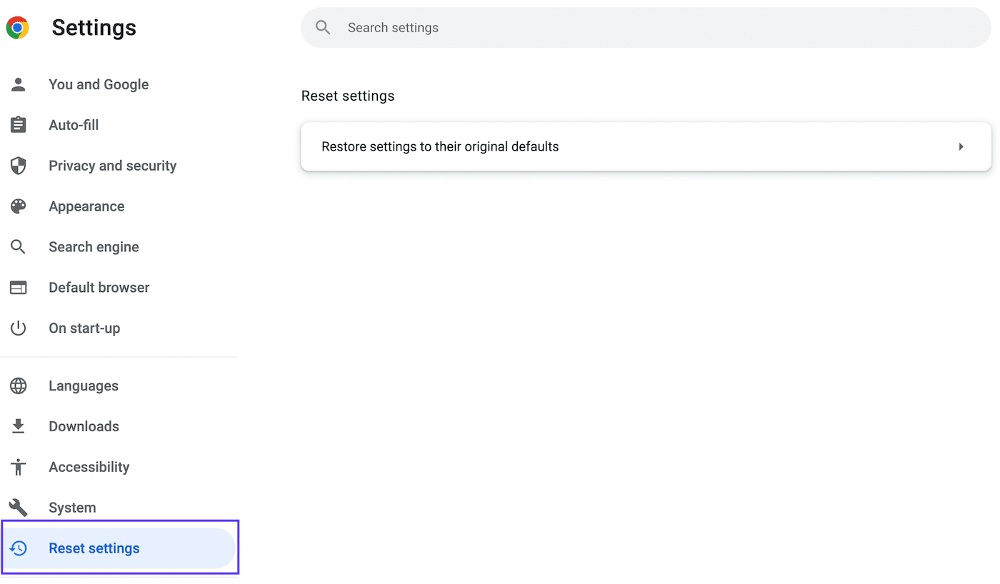 Redefinição de configurações no Google Chrome