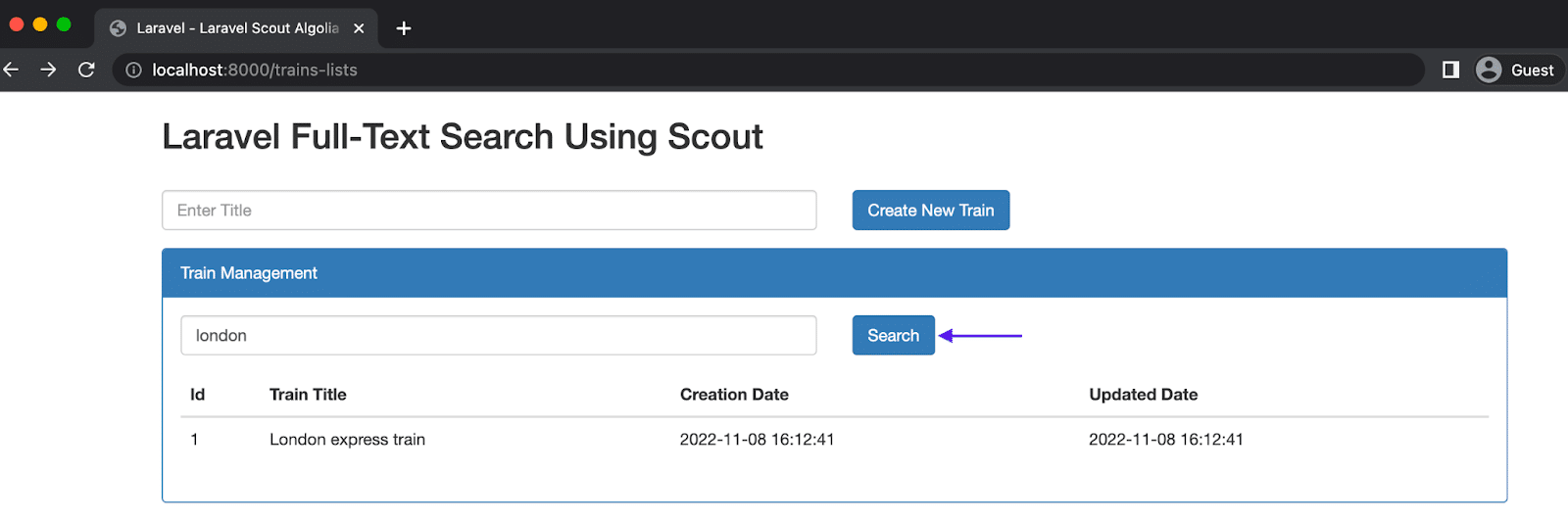 Visualizzazione su Laravel Scout Algolia del campo di ricercare per trovare un treno