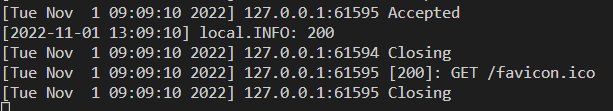 Registros del terminal que muestran el código de estado