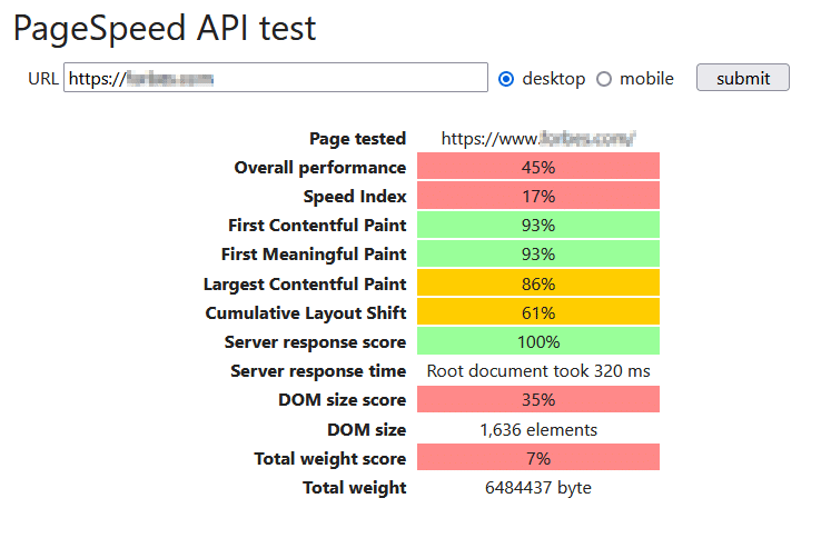 Schermata dei risultati del test dall’API con le varie metriche affiancate dai relativi punteggi: quelli più bassi sono segnati in rosso, quelli tra il 50 e il 90 in giallo e quelli sopra i 90 in verde.