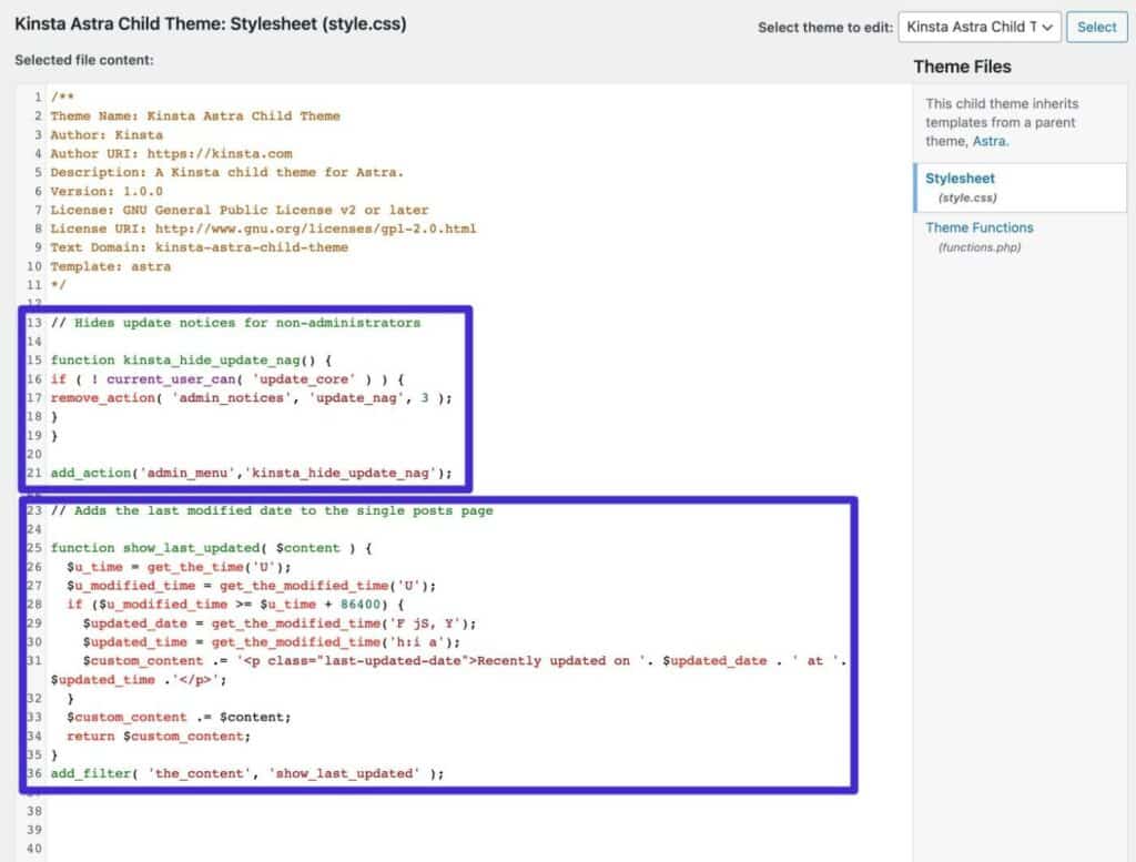 Een voorbeeld van het gebruik van codecommentaar om snippets in het bestand functions.php te documenteren.