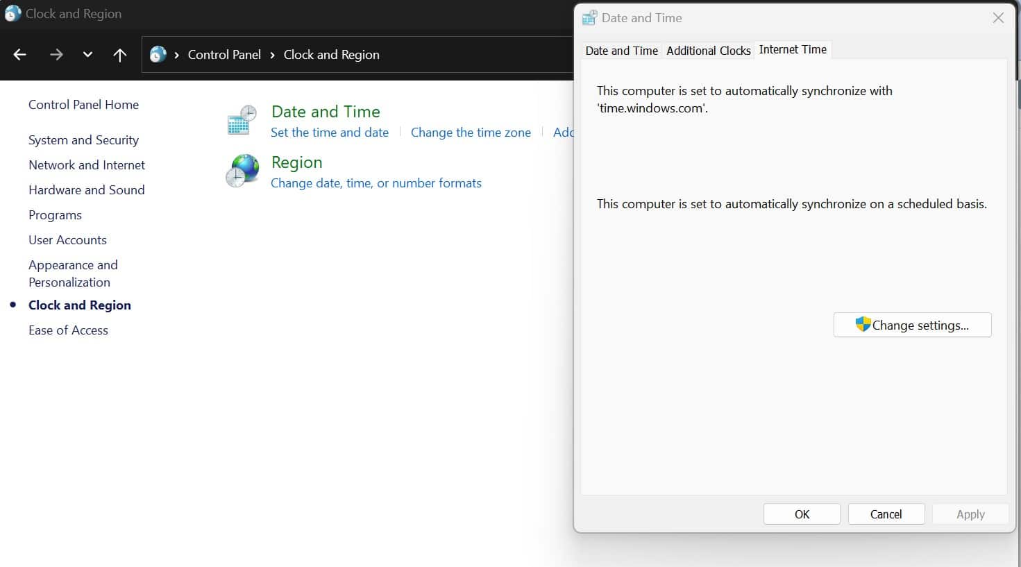 Date and time settings on a Windows device