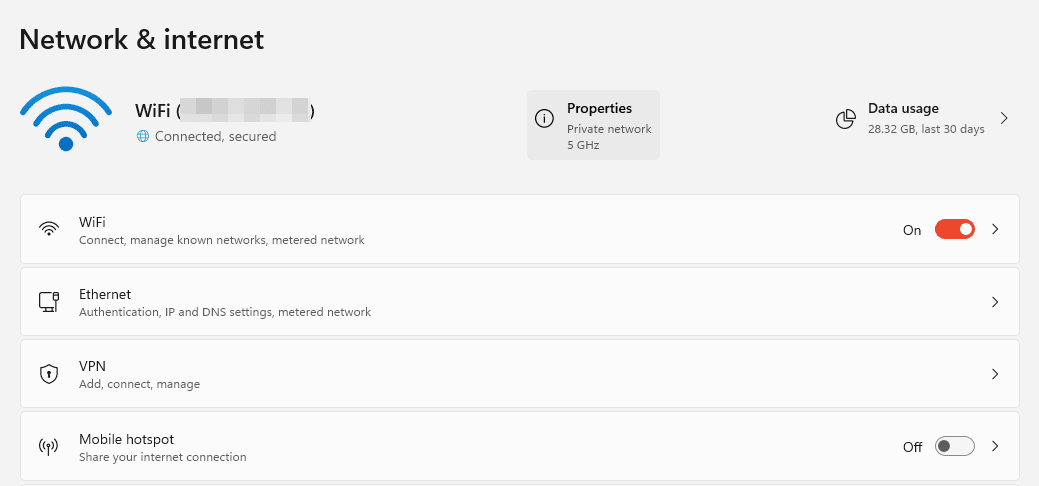 Network & Internet settings in Windows