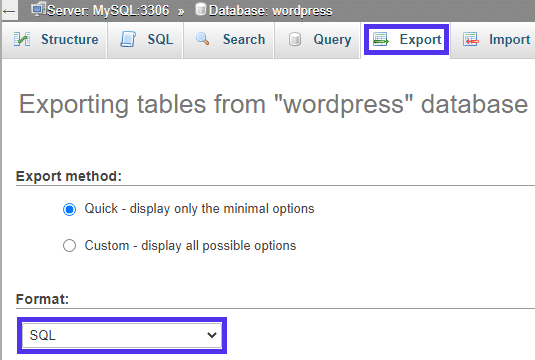 Exportação do banco de dados do WordPress no formato SQL.