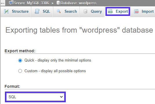 Exporting WordPress database in SQL format