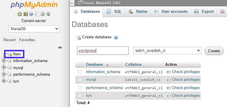 Banco de dados do WordPress no phpMyAdmin usando o MariaDB.