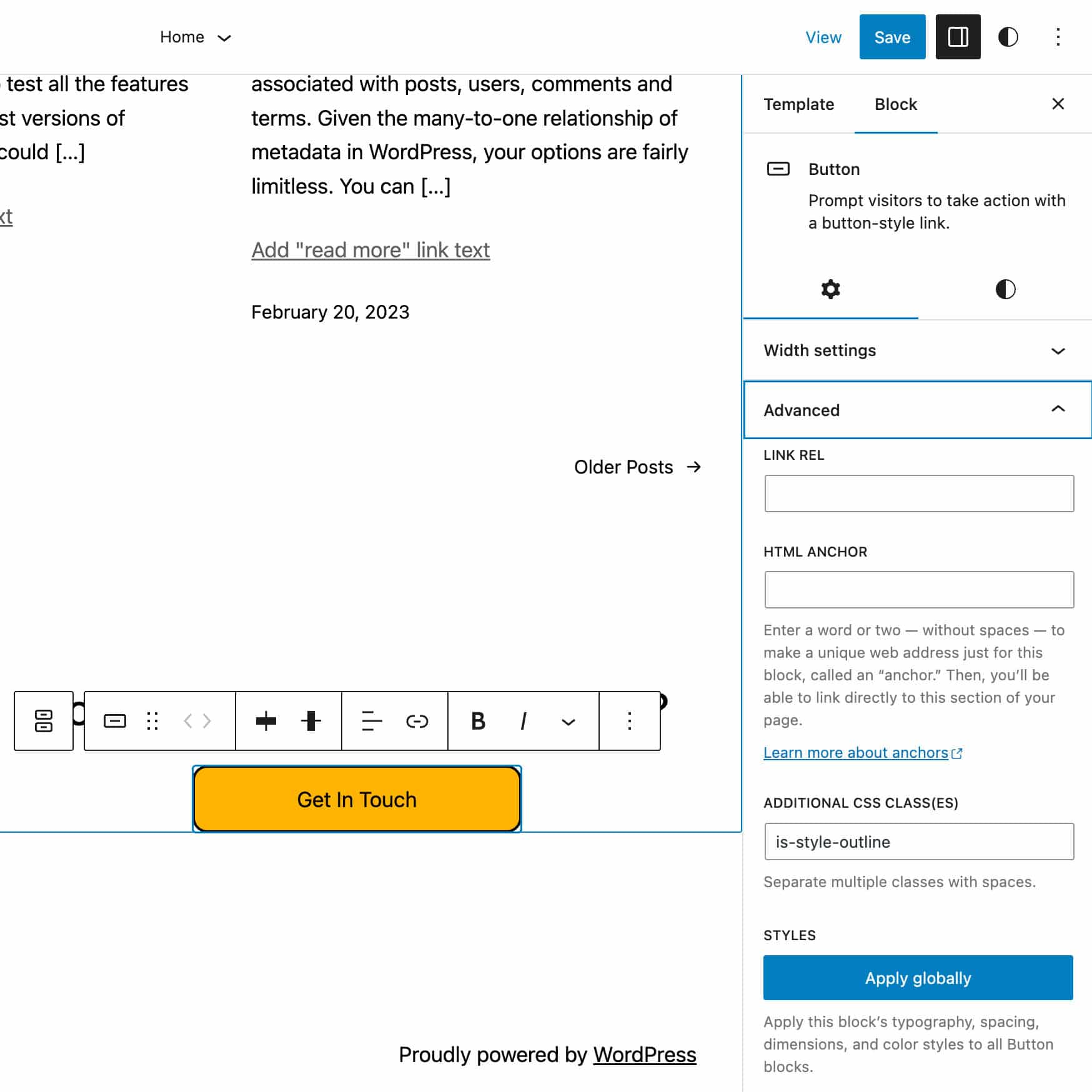 Pulsante Applica stili di blocco a livello globale in WordPress 6.2